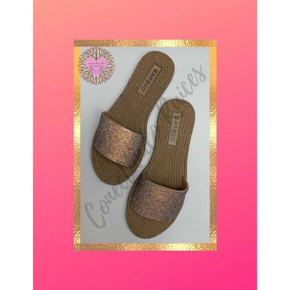 Bamboo Woven Design Rhinestone Slide Sandals